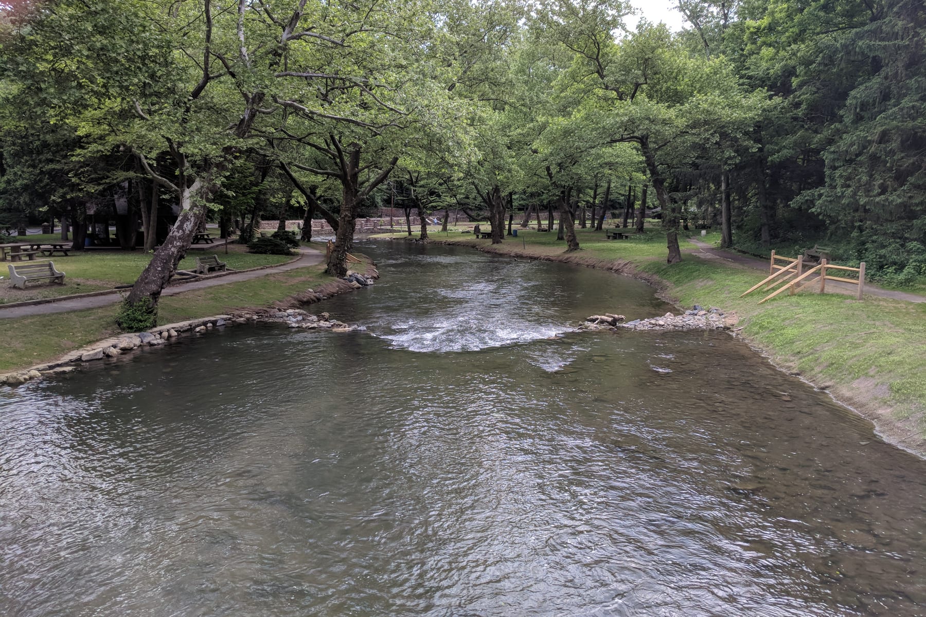Park path and benches along Monocacy Creek