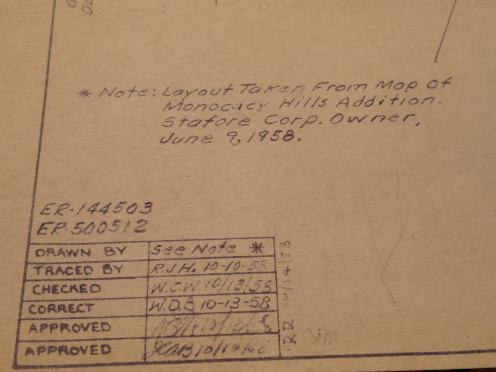 Detail from a 1958 Monocacy Hills Addition survey map